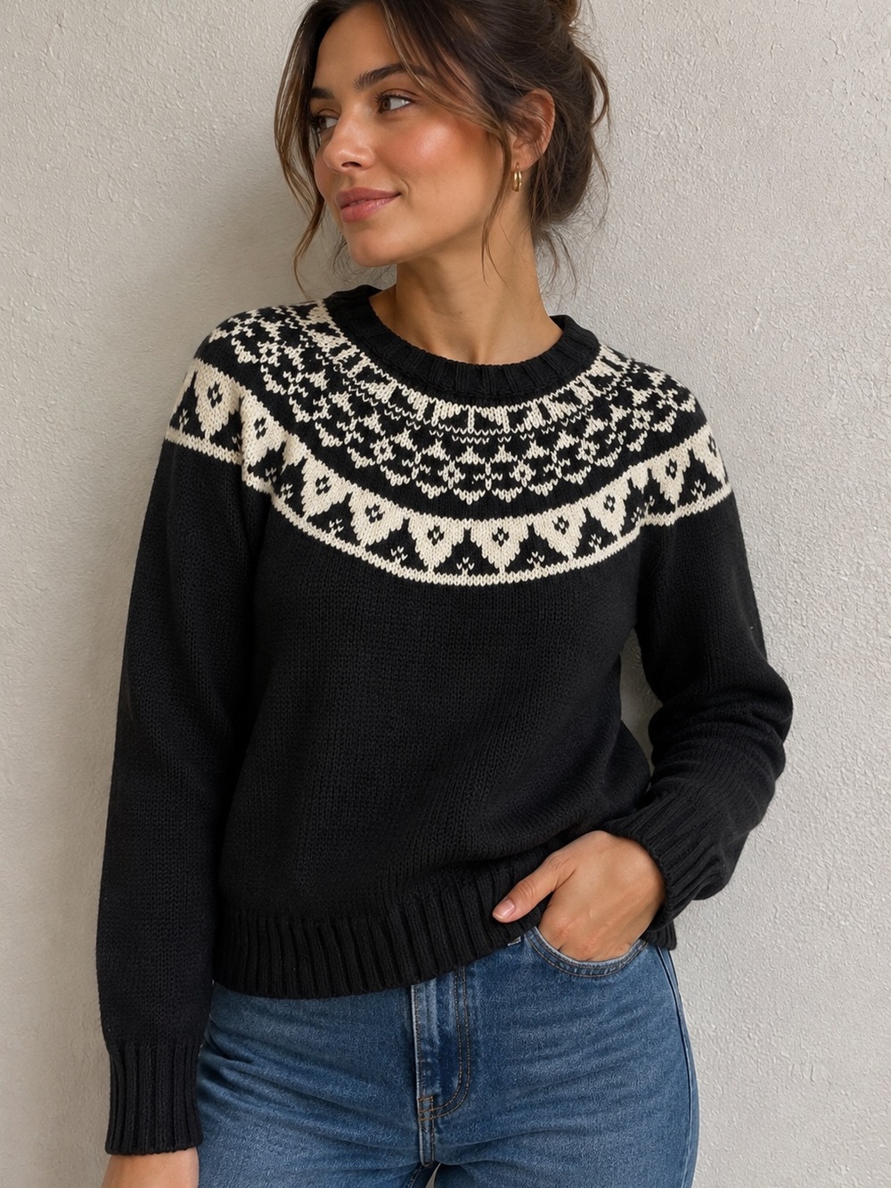 Polo by Ralph Lauren Black Cream Nordic Yoke Crewneck Fair Isle Sweater Vintage